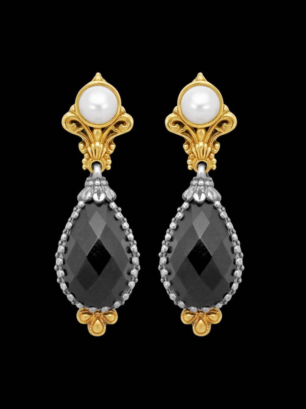 Konstantino 925 Silver & 18K Yellow Gold Nykta Black Onyx & Pearl Earrings